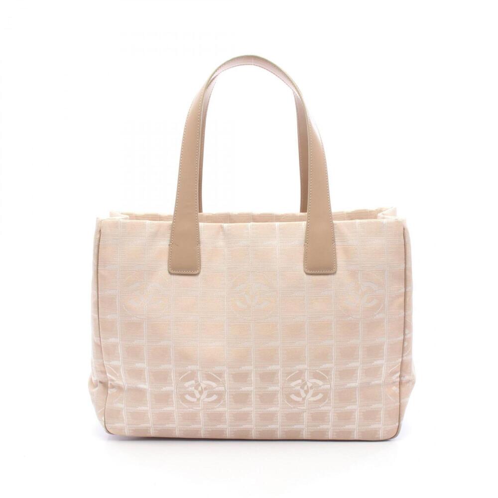 Chanel New Travel Line MM Tote Bag Handbag Leather Nylon Canvas Women's Beige...